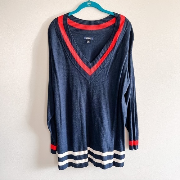 Chaps Navy & Red Long Sleeve Cotton Blend V Neck Nautical Sweater 1X - Picture 1 of 8